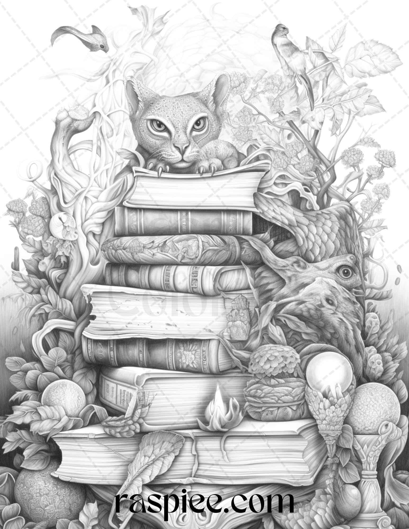 50 Magical Books Grayscale Coloring Pages Printable for Adults, PDF File Instant Download