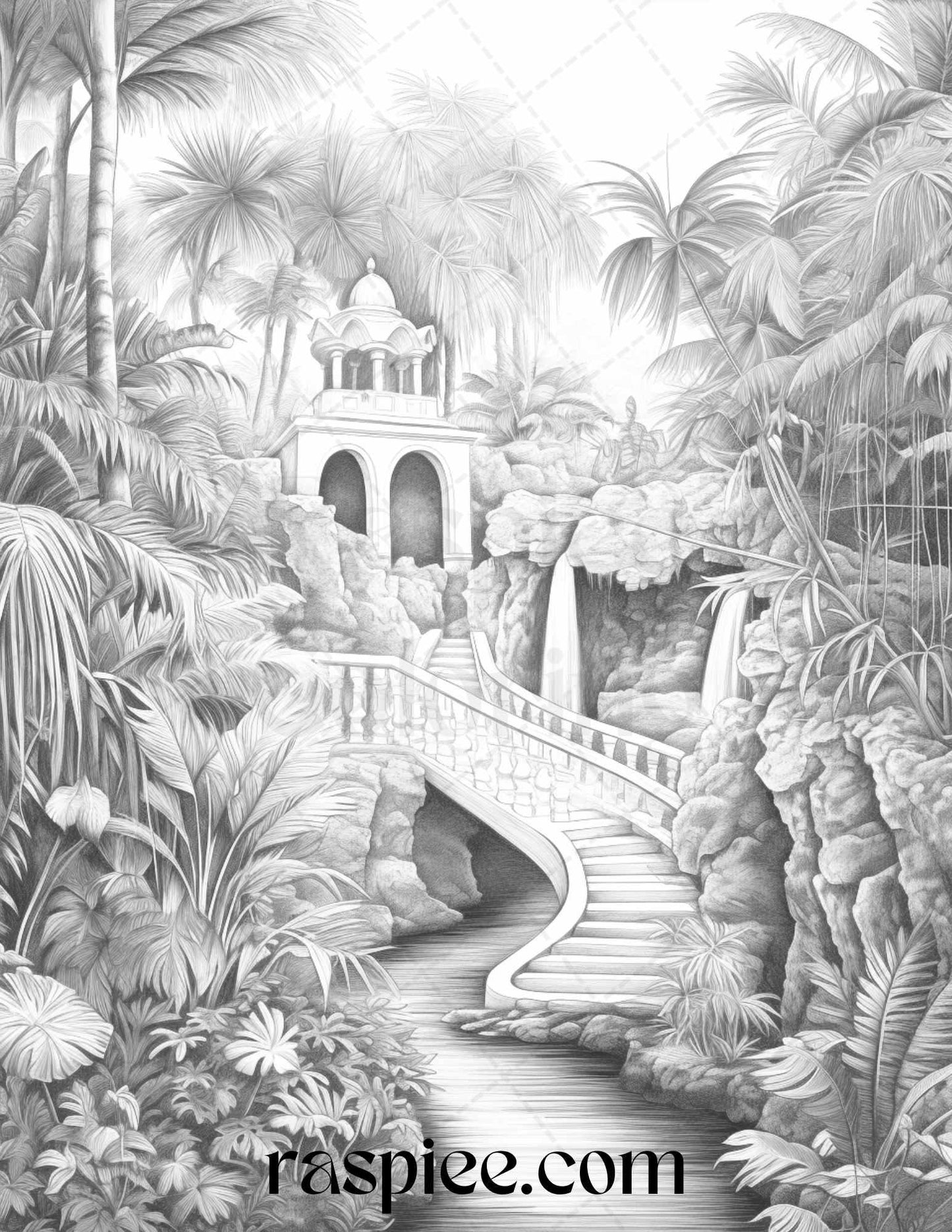 52 Tropical Oasis Grayscale Coloring Pages Printable for Adults, PDF File Instant Download