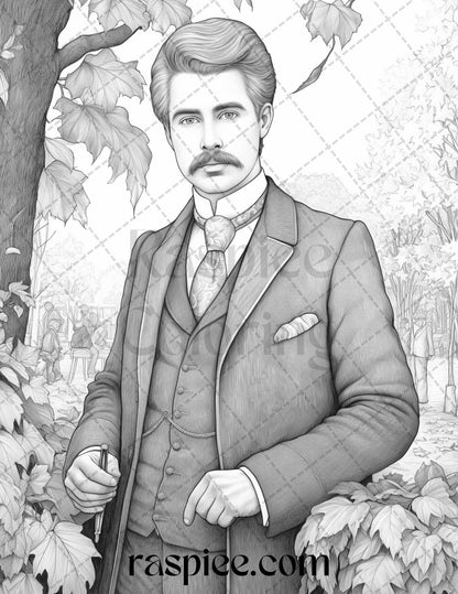 60 Victorian Autumn Portrait Grayscale Coloring Pages Printable for Adults, PDF File Instant Download