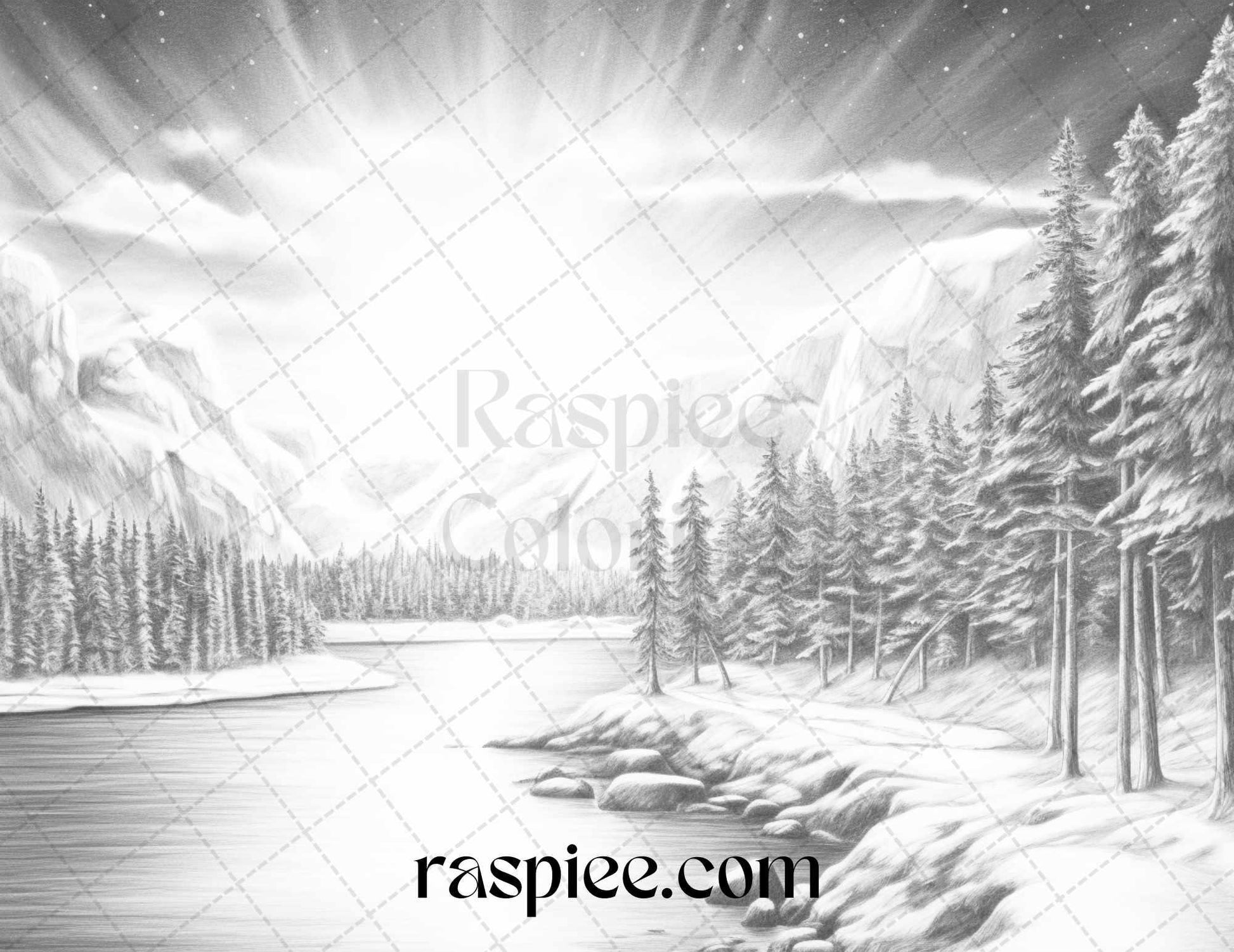 Aurora Borealis Landscape Grayscale Coloring Pages for Adults, Printable PDF File Instant Download