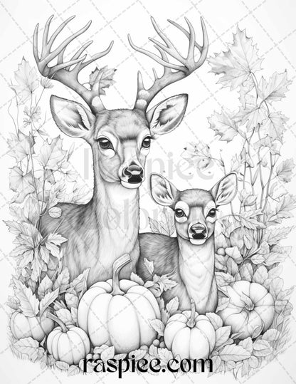 Autumn Animals Grayscale Coloring Pages for Adults and Kids, Printable PDF File Instant Download