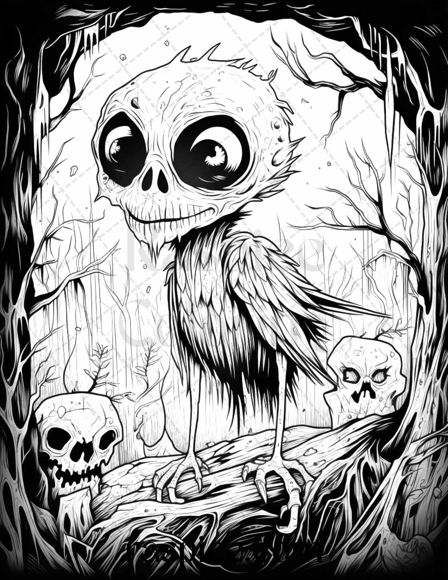 50 Halloween Scary Animals Grayscale Coloring Pages Printable for Adults, PDF File Instant Download