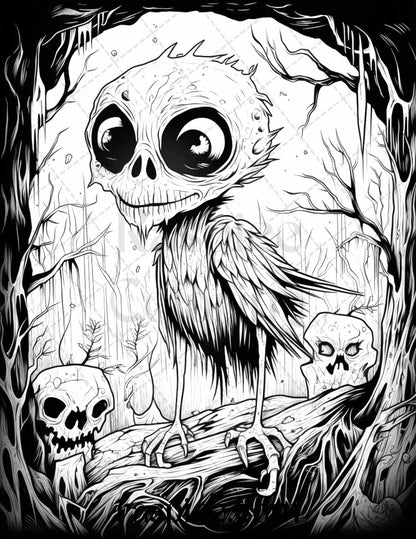50 Halloween Scary Animals Grayscale Coloring Pages Printable for Adults, PDF File Instant Download