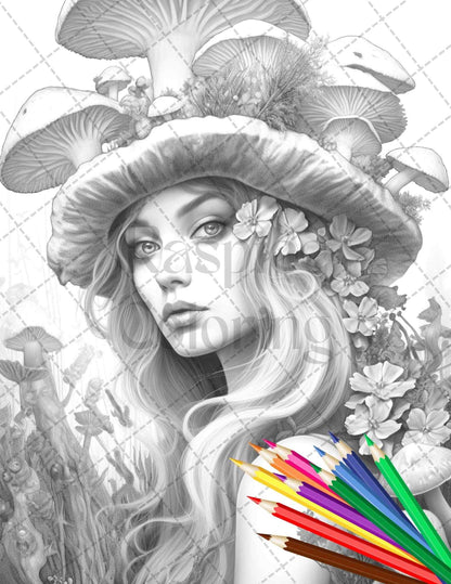 50 Mushroom Fairy Grayscale Coloring Pages Printable for Adults, PDF File Instant Download