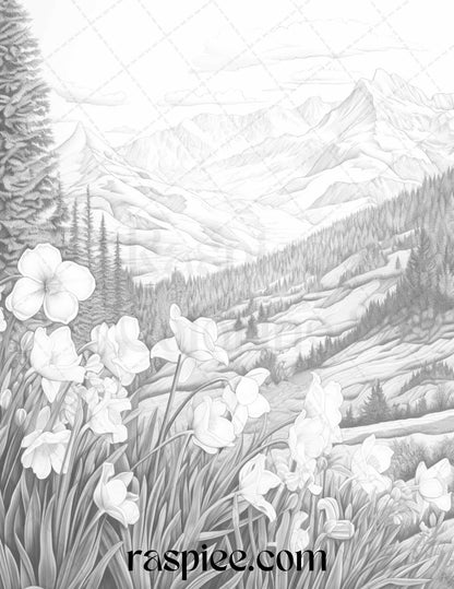 60 Mountain Flower Landscapes Grayscale Coloring Pages Printable for Adults, PDF File Instant Download