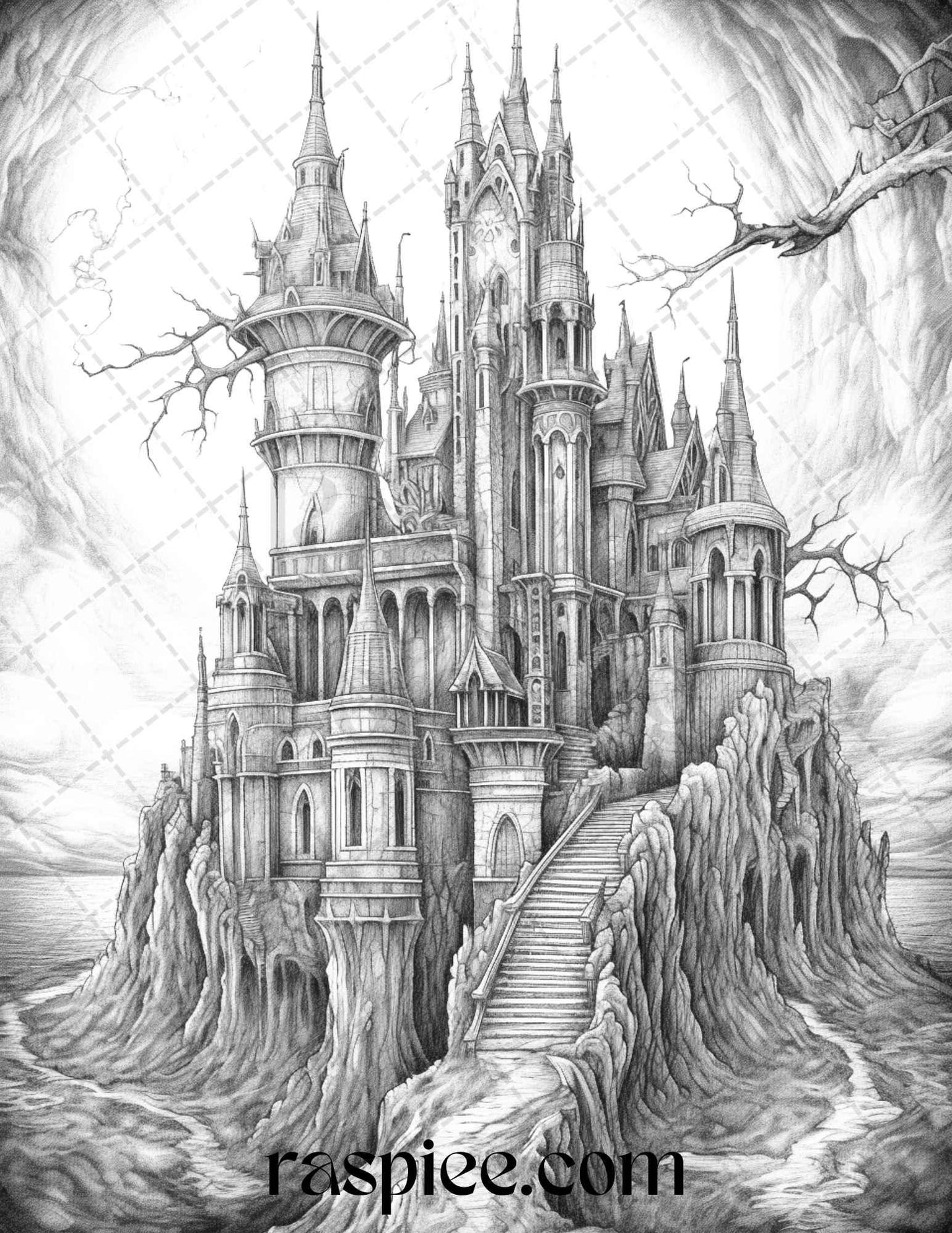 50 Haunted Castles Grayscale Coloring Pages Printable, Halloween Coloring Book, PDF File Instant Download