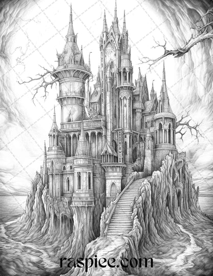 50 Haunted Castles Grayscale Coloring Pages Printable, Halloween Coloring Book, PDF File Instant Download