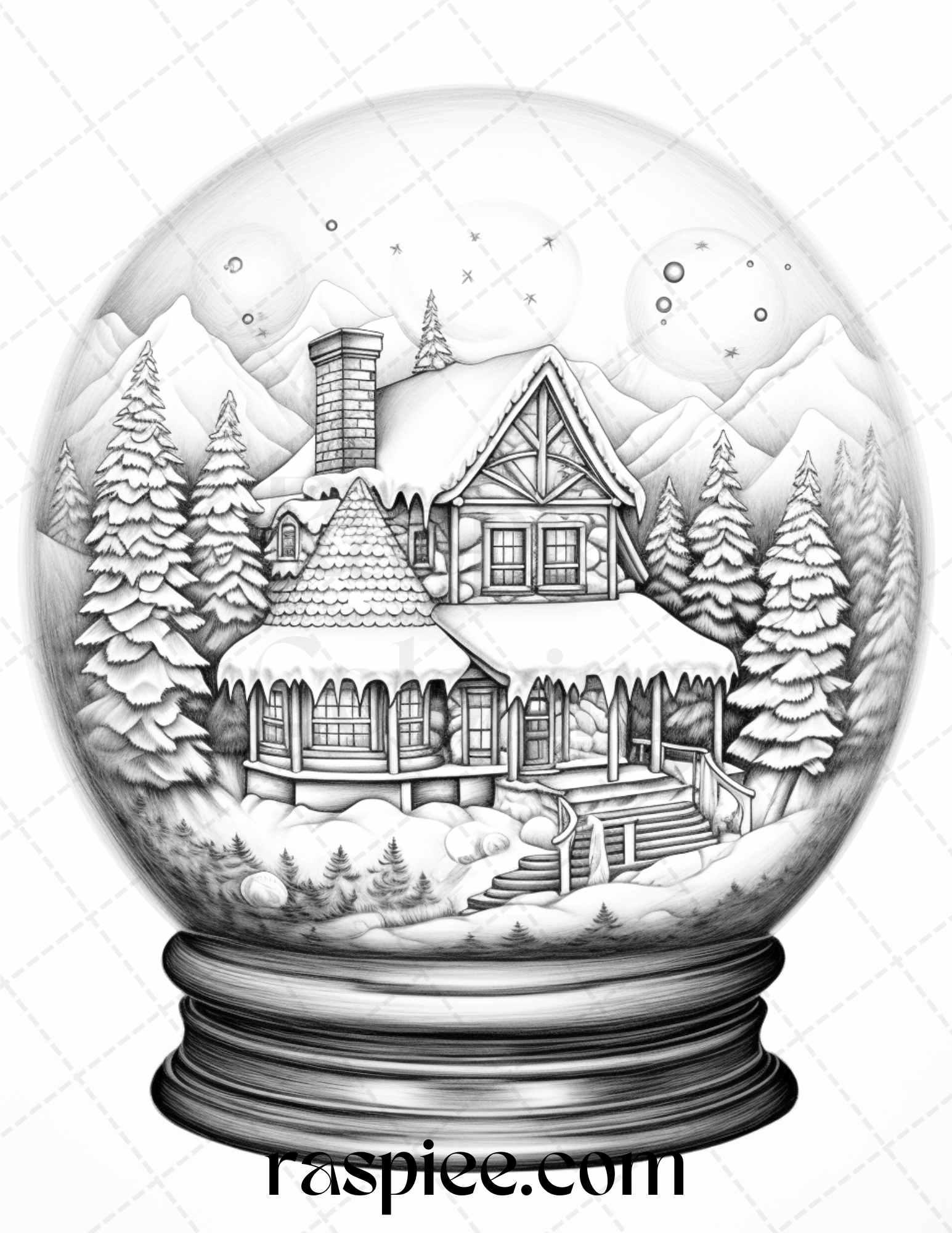 Cozy Cabin in Snow Globe Grayscale Coloring Pages Printable for Adults, PDF File Instant Download