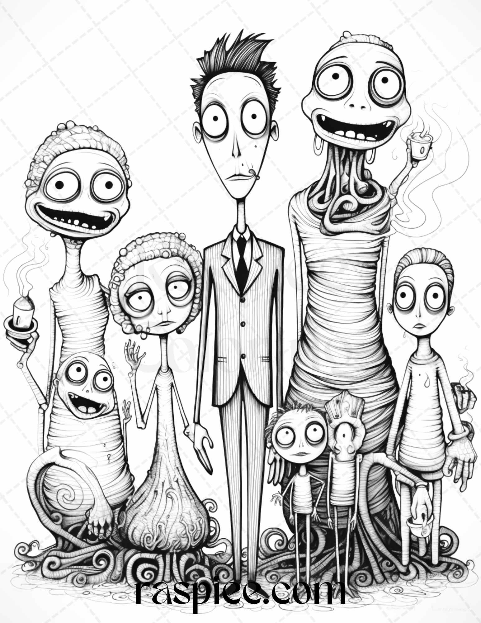 50 Monster Family Grayscale Coloring Pages Printable for Adults - Instant Download, Halloween Coloring Book, Fun and Spooky Designs