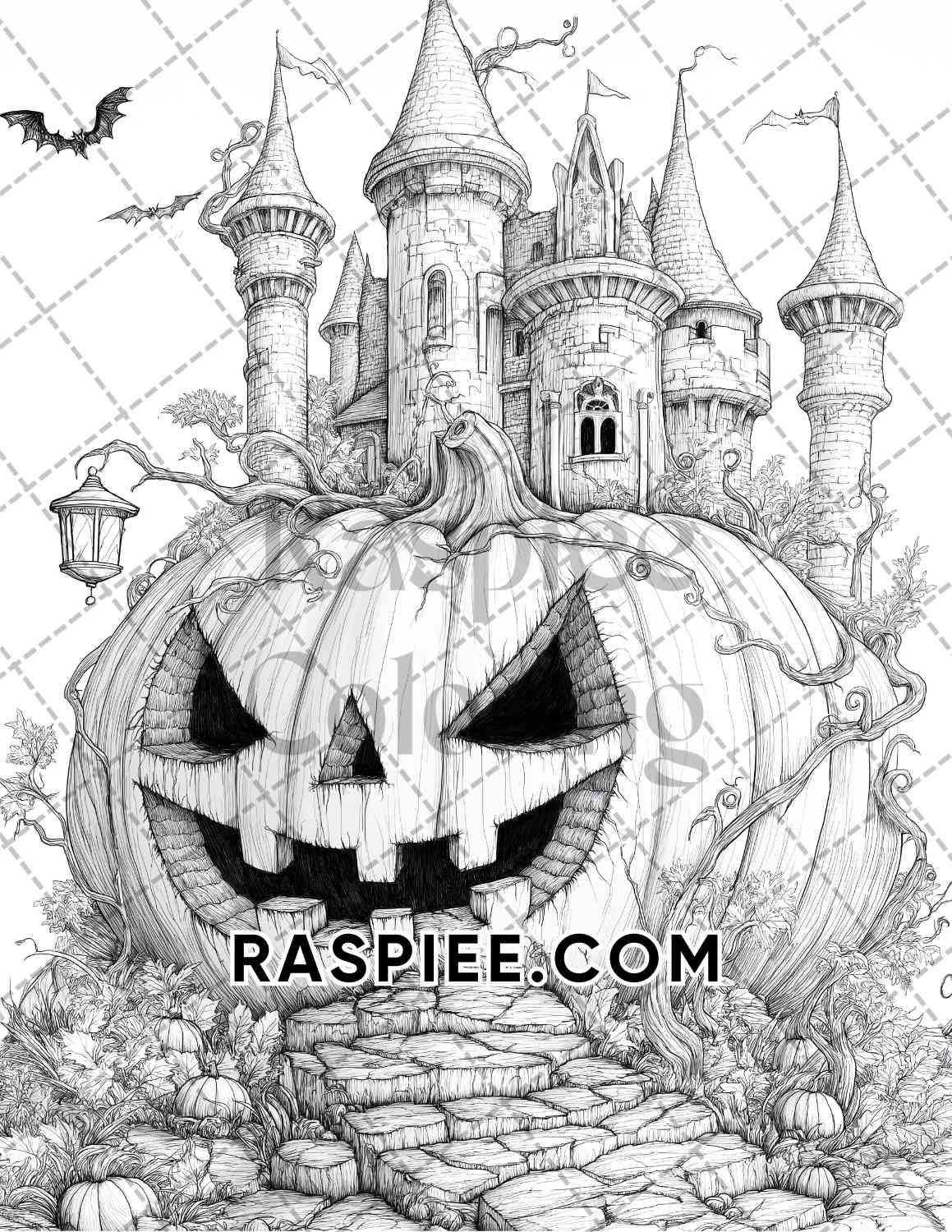 Fantasy Giant Pumpkin Castles Adult Coloring Pages Printable PDF Instant Download