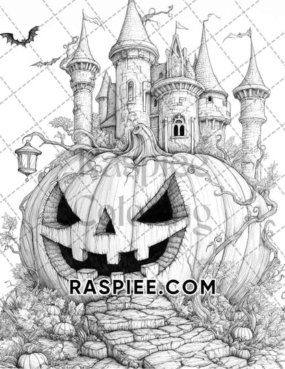 Fantasy Giant Pumpkin Castles Adult Coloring Pages Printable PDF Instant Download