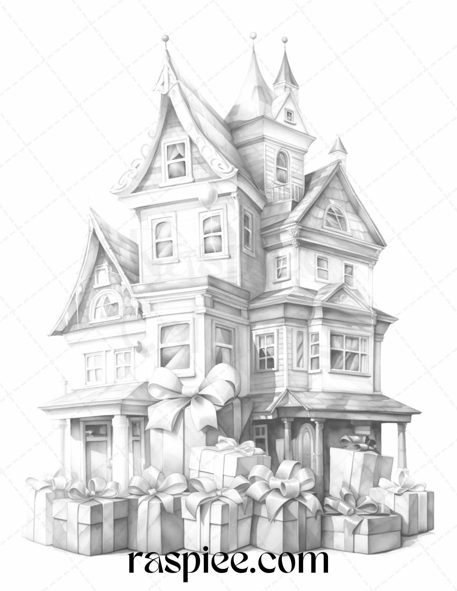 40 Adorable Gift Box Houses Grayscale Coloring Pages Printable for Adults Kids, PDF File Instant Download