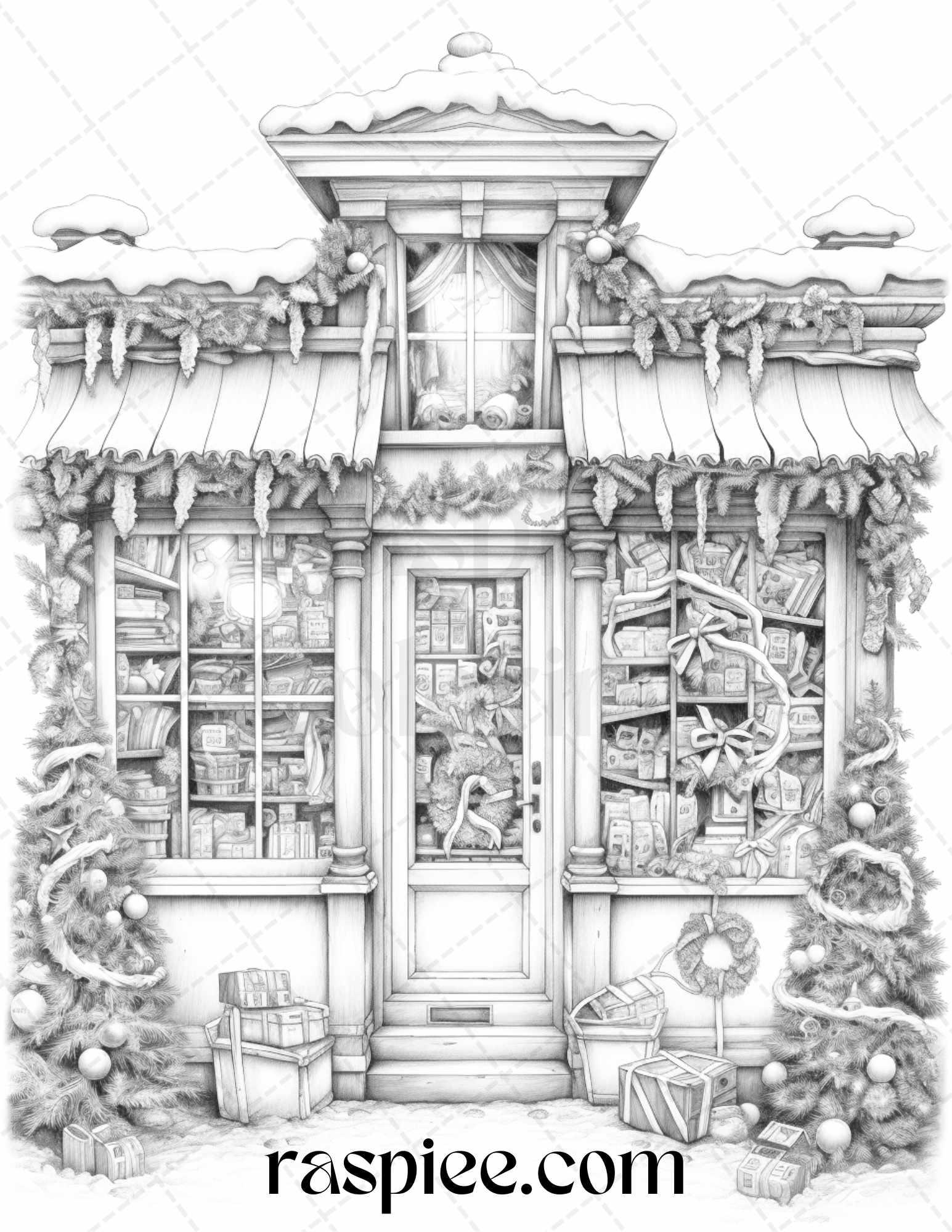 Christmas Store Front Grayscale Coloring Pages for Adults, PDF Printable Instant Download