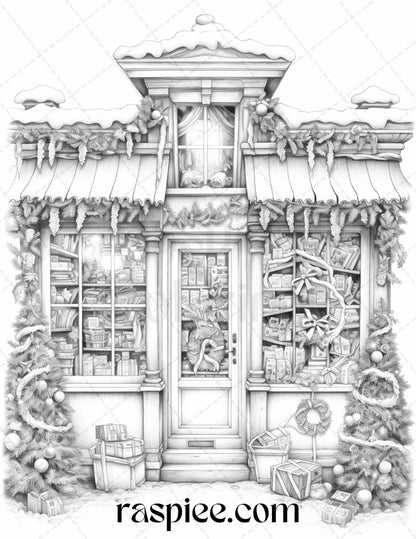 Christmas Store Front Grayscale Coloring Pages for Adults, PDF Printable Instant Download