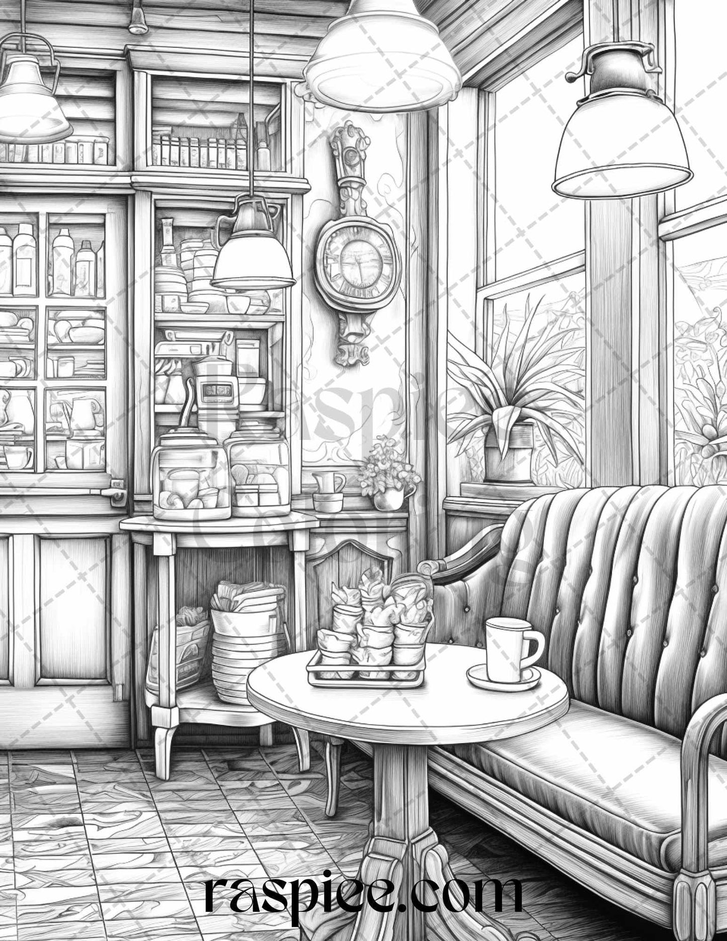 50 Cozy Coffee Shop Grayscale Coloring Pages Printable for Adults, PDF File Instant Download