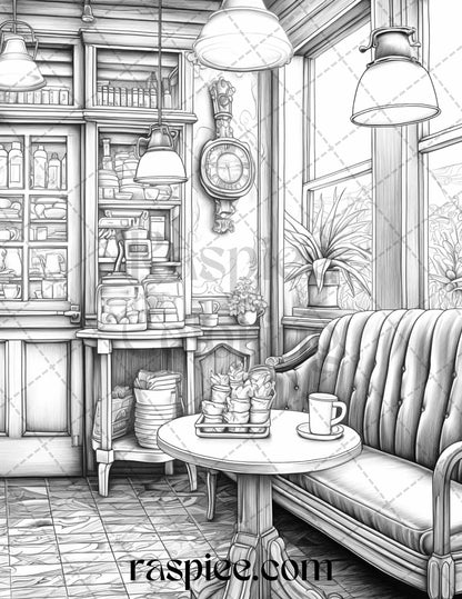 50 Cozy Coffee Shop Grayscale Coloring Pages Printable for Adults, PDF File Instant Download