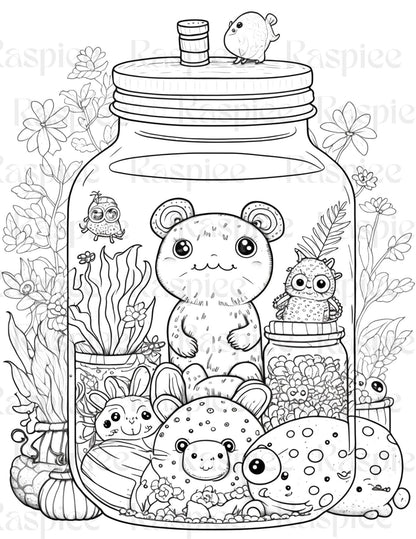100 Animal in Jar Coloring Pages, Printable Coloring Pages for Kids and Adults, Printable PDF File Instant Download