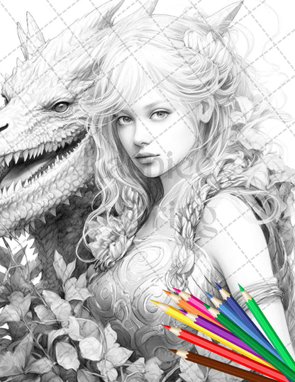 Enchanted Dragon Queens Grayscale Coloring Pages Printable for Adults, PDF File Instant Download
