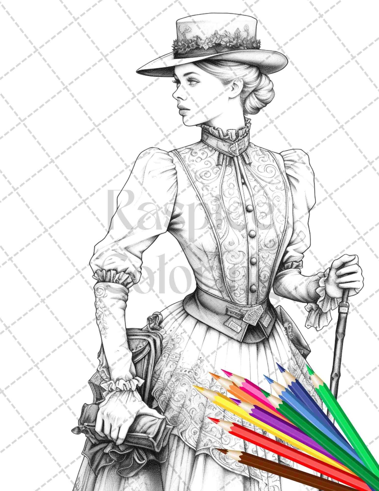50 Victorian Fashion Grayscale Coloring Pages Printable for Adults, PDF File Instant Download