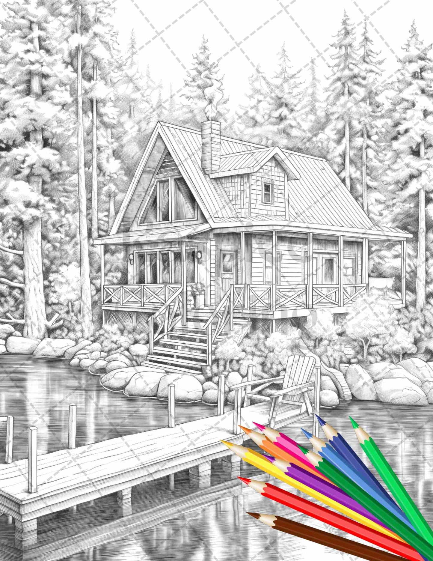 Lake Cabin Scenery Grayscale Coloring Pages Printable for Adults, PDF File Instant Download