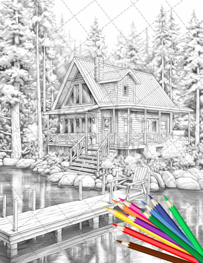 Lake Cabin Scenery Grayscale Coloring Pages Printable for Adults, PDF File Instant Download