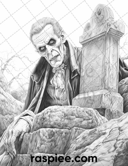 50 Count Dracula Grayscale Coloring Pages Printable for Adults, PDF File Instant Download