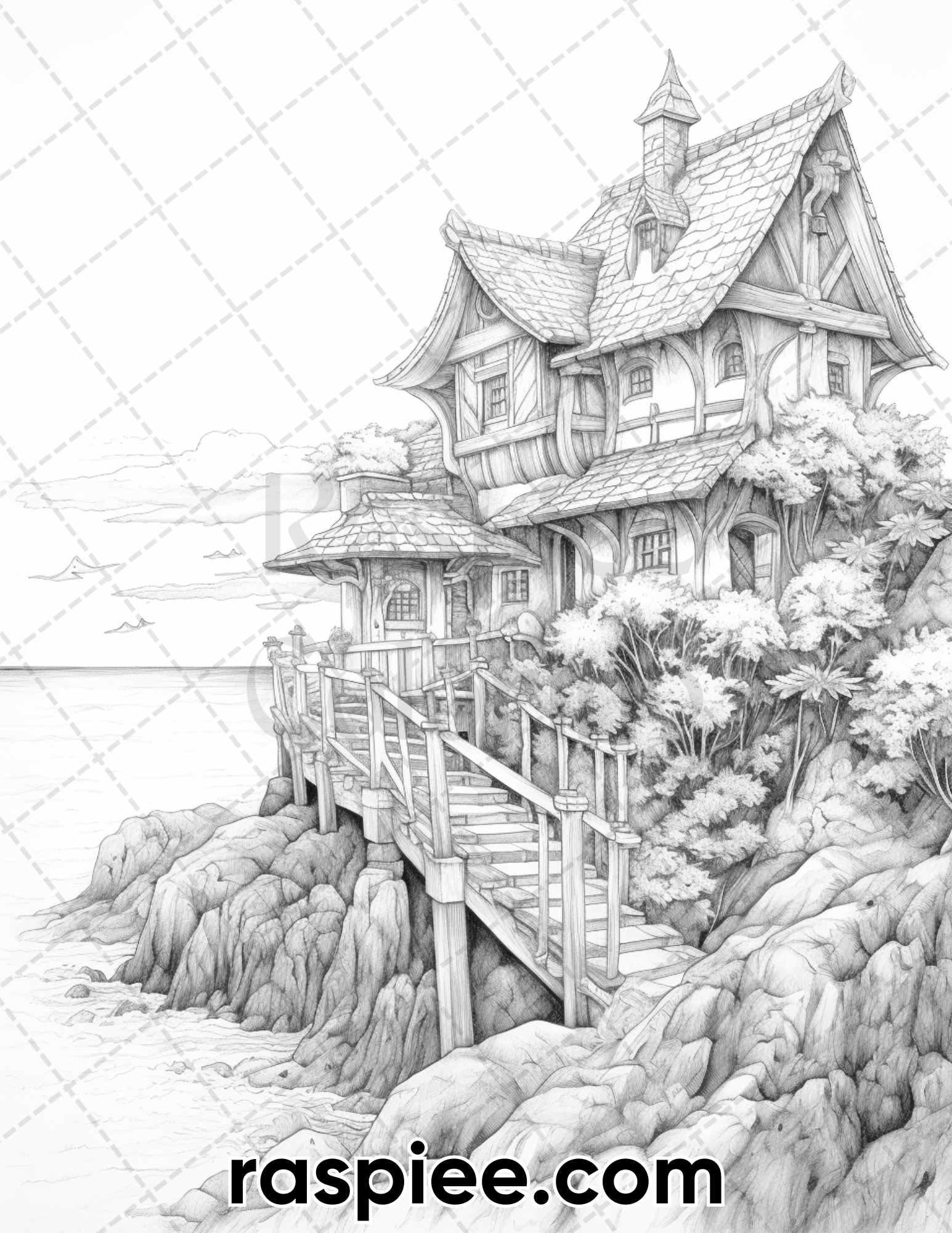 50 Fairy Beach Houses Grayscale Coloring Pages for Adults, Printable PDF Instant Download