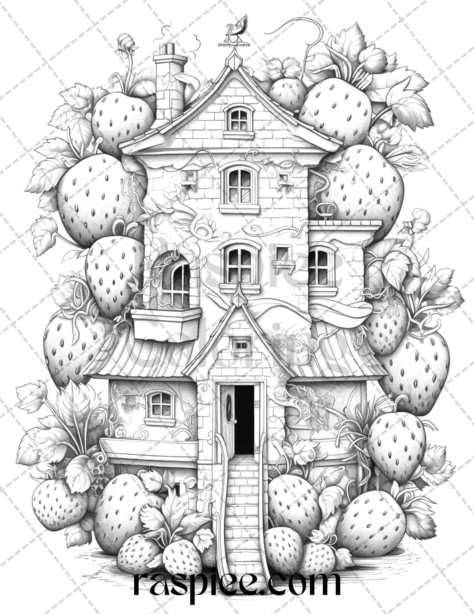 50 Strawberry Houses Grayscale Coloring Pages Printable for Adults Kids, PDF File Instant Download
