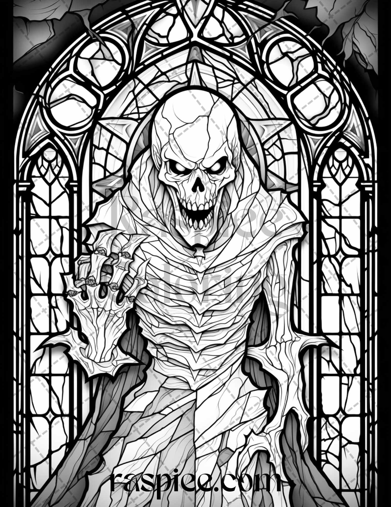 70 Halloween Stained Glass Grayscale Coloring Pages Printable for Adults, PDF File Instant Download