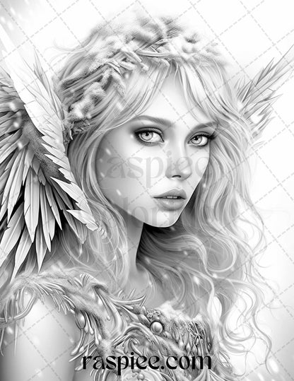 50 Winter Fairy Grayscale Coloring Pages Printable for Adults, PDF File Instant Download