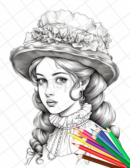 36 Beautiful Victorian Girls Coloring Pages Printable for Adults, Grayscale Coloring Page, PDF File Instant Download