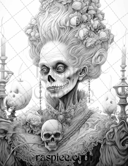 60 Halloween Victorian Era Grayscale Coloring Pages Printable for Adults, PDF File Instant Download