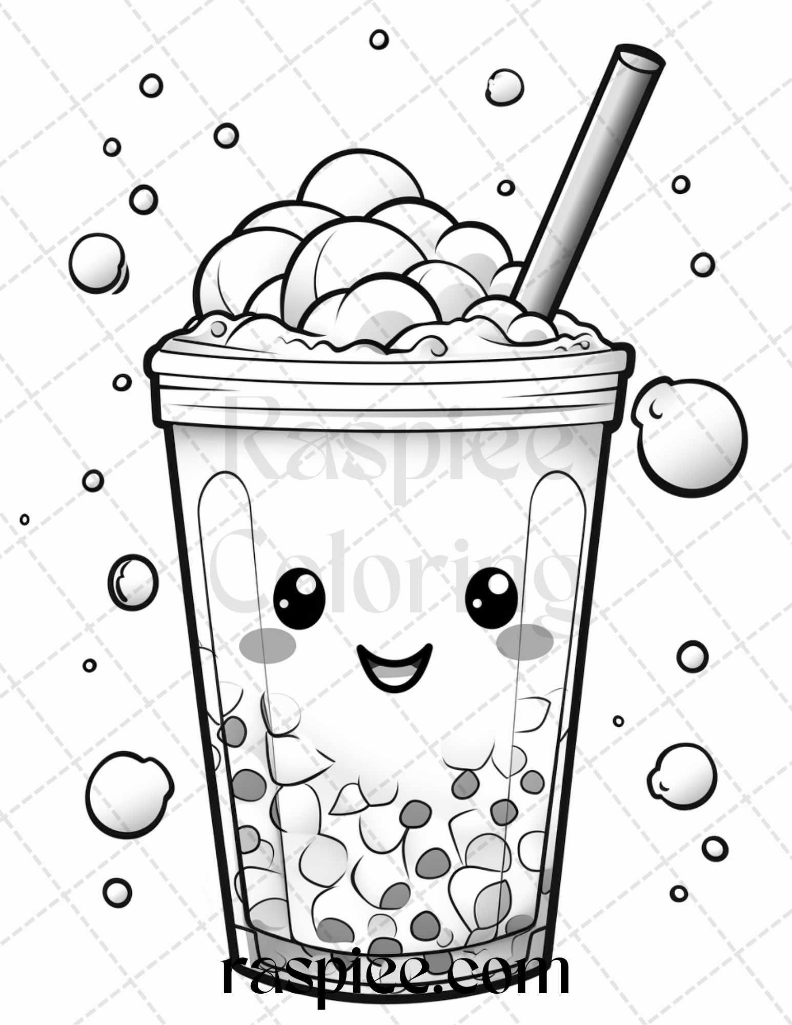 50 Cute Kawaii Boba Tea Grayscale Coloring Pages for Adults and Kids, Printable PDF File Instant Download