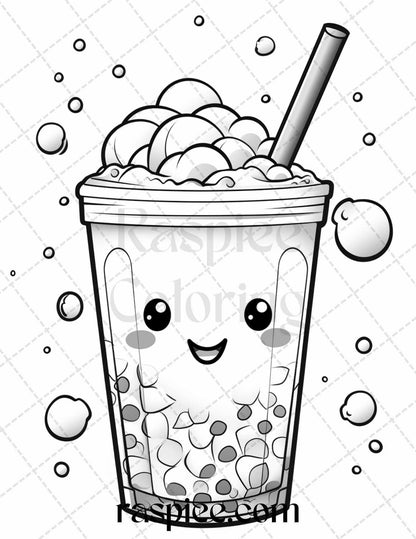 50 Cute Kawaii Boba Tea Grayscale Coloring Pages for Adults and Kids, Printable PDF File Instant Download