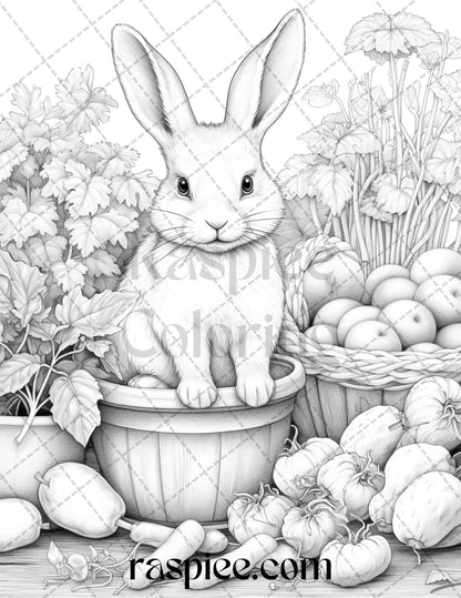 50 Rabbit Garden Grayscale Coloring Pages Printable for Adults, PDF File Instant Download