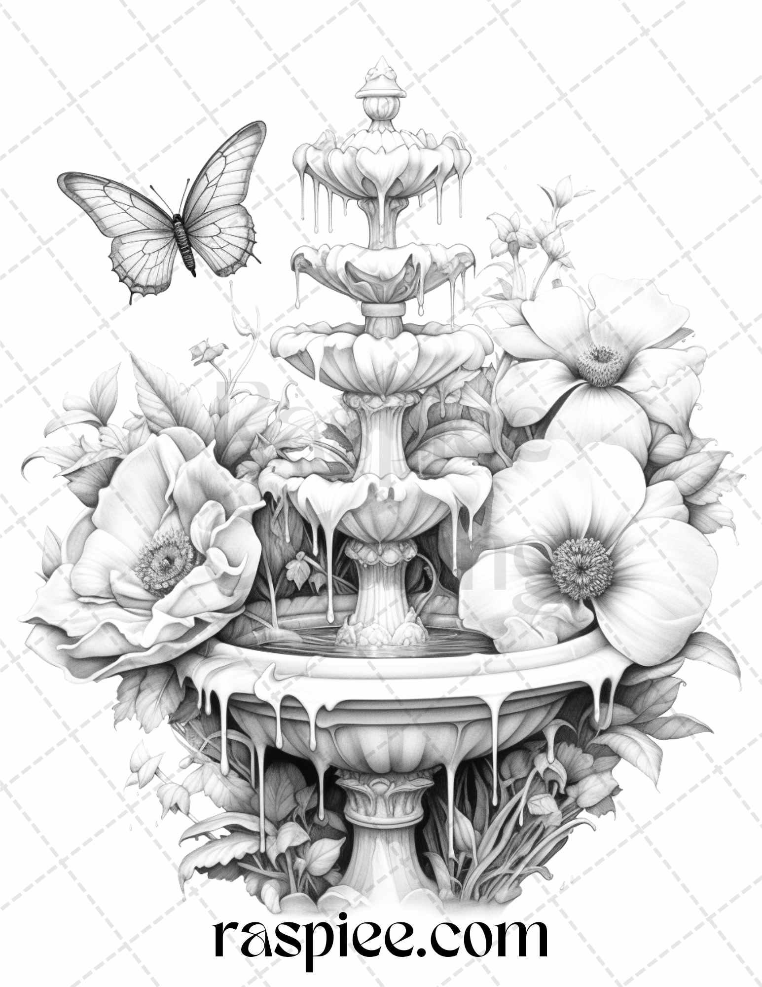 32 Blooming Fountains Grayscale Coloring Pages Printable for Adults, PDF File Instant Download