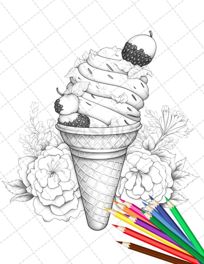 52 Printable Ice Cream Desserts Coloring Pages for Adults and Kids, Grayscale Coloring Page, PDF File Instant Download