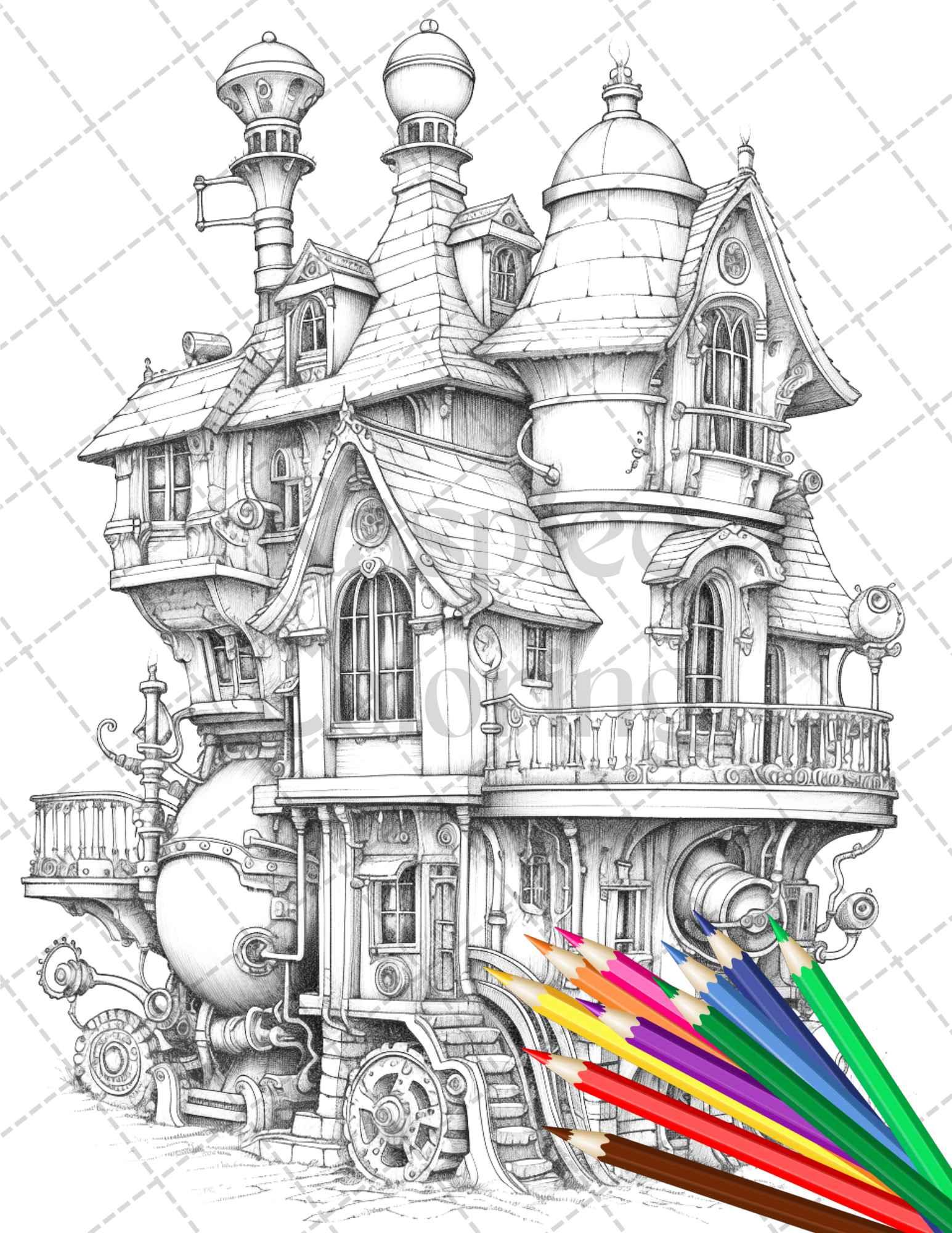 50 Steampunk Houses Grayscale Coloring Pages Printable for Adults, PDF File Instant Download