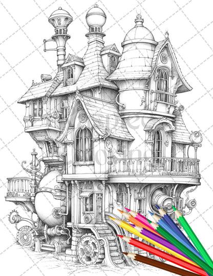 50 Steampunk Houses Grayscale Coloring Pages Printable for Adults, PDF File Instant Download