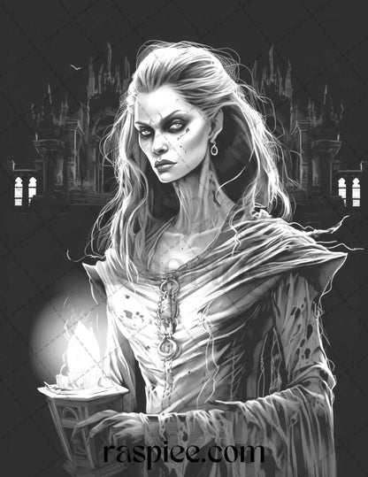 60 Halloween Vampire Grayscale Coloring Pages Printable for Adults, PDF File Instant Download