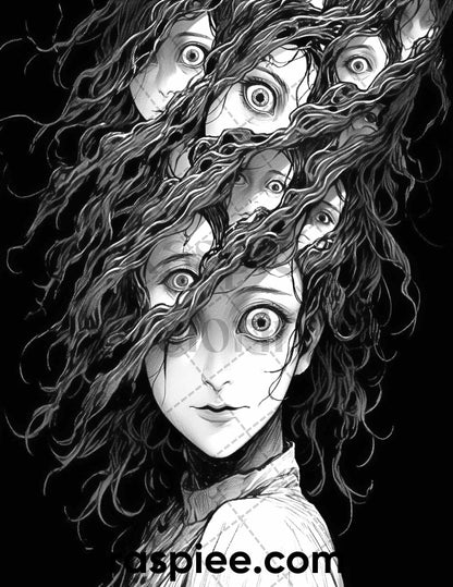 60 Horror Beauties Grayscale Coloring Pages Printable for Adults, PDF File Instant Download