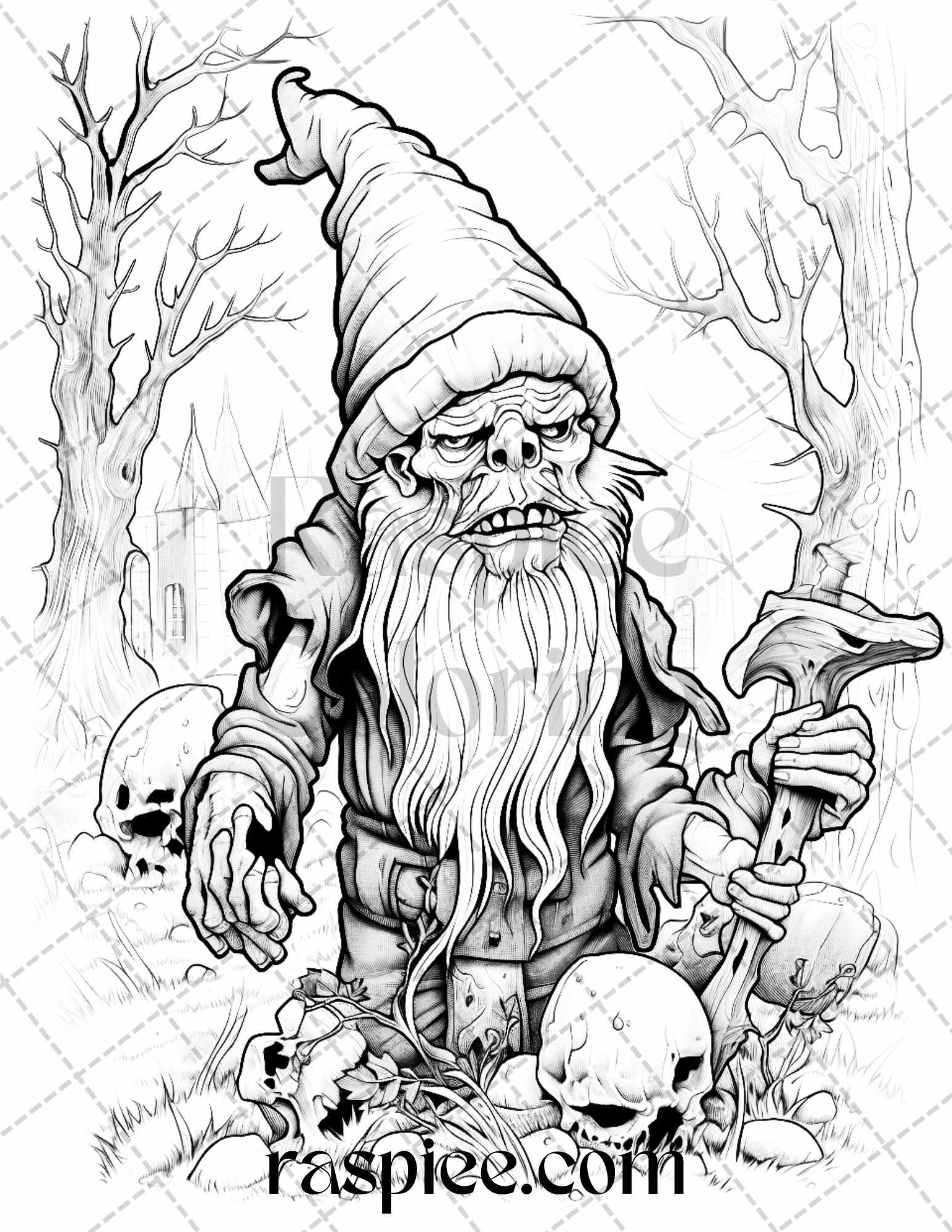 50 Horror Zombie Gnomes Grayscale Coloring Pages Printable for Adults, PDF File Instant Download
