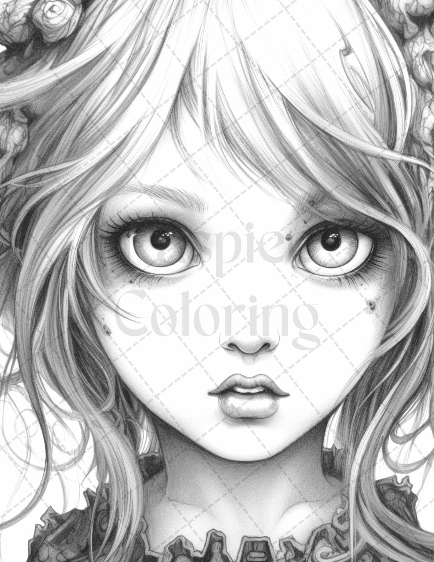 60 Adorable Gothic Girls Grayscale Coloring Pages Printable for Adults, PDF File Instant Download