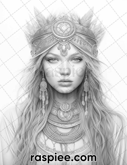 60 Bohemian Beauties Grayscale Coloring Pages for Adults, Printable PDF Instant Download