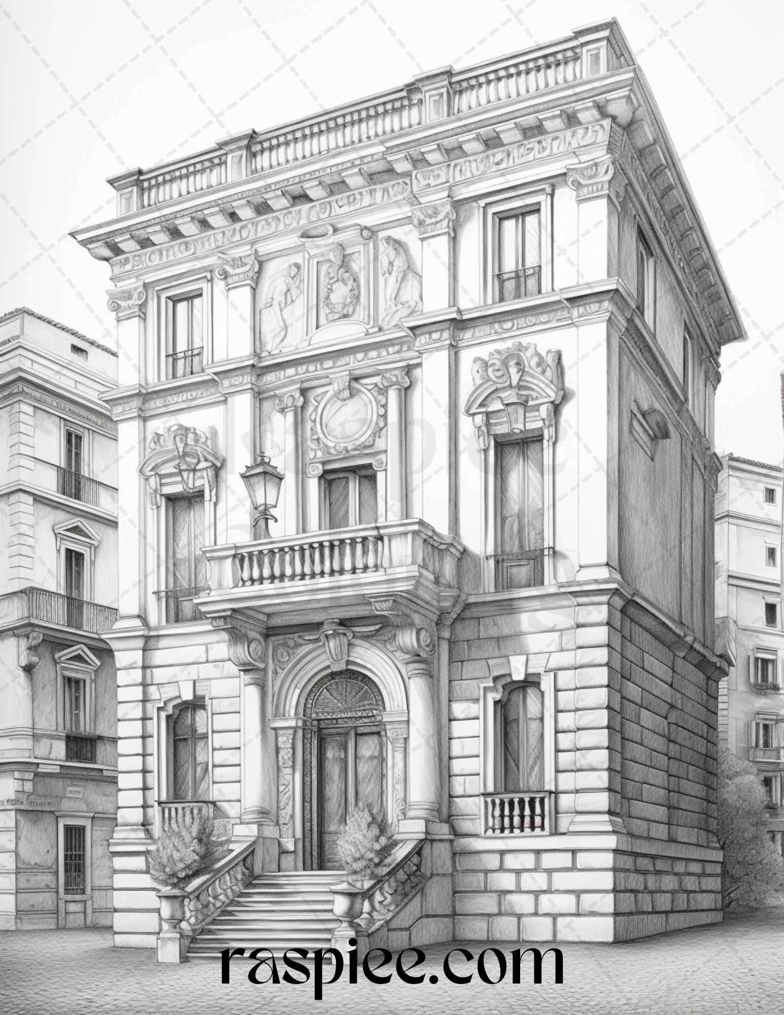 Roman Architecture Grayscale Coloring Pages Printable for Adults, PDF File Instant Download