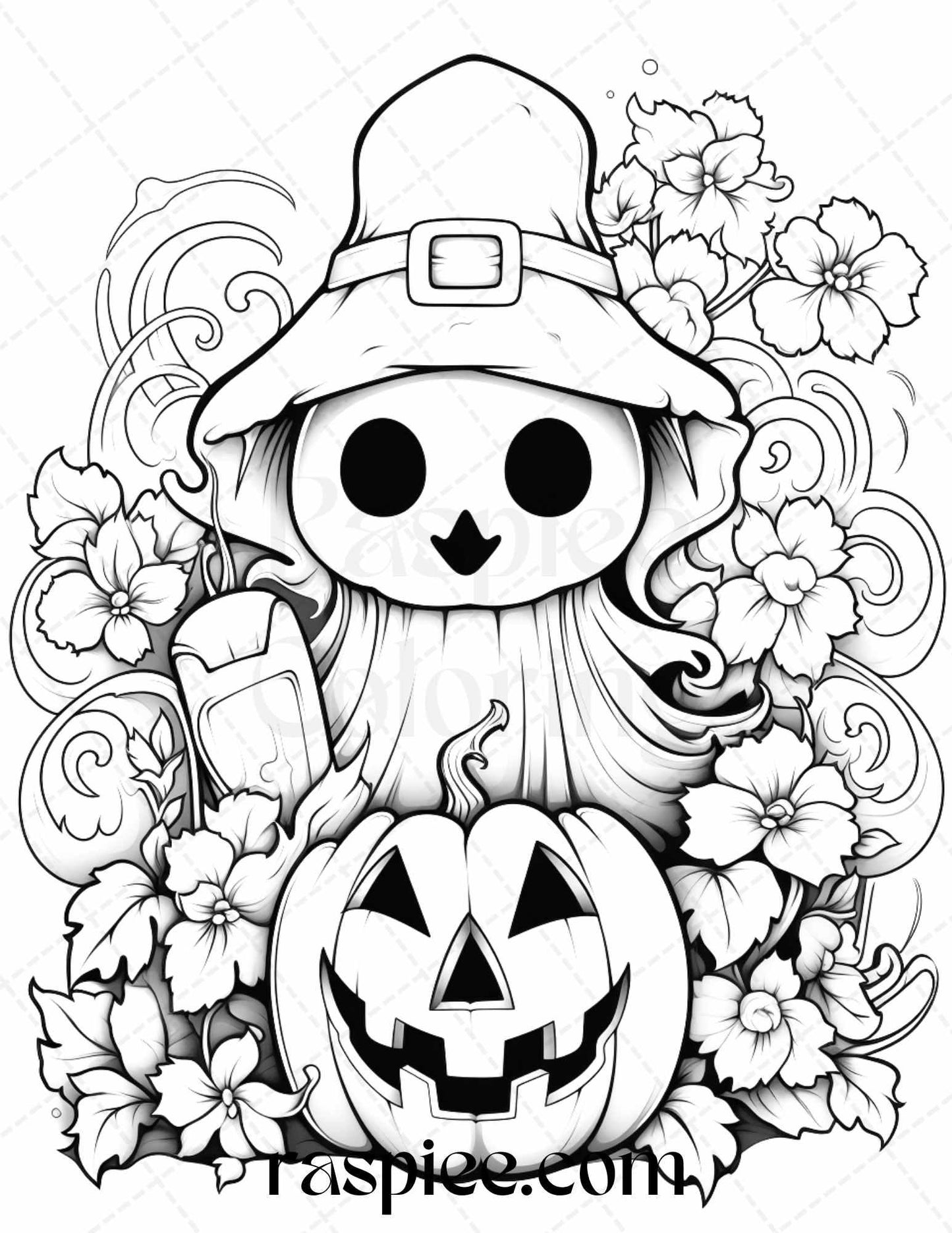 50 Halloween Cute Ghosts Grayscale Coloring Printable for Adults Kids, PDF File Instant Download