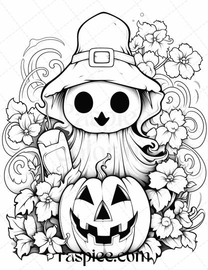 50 Halloween Cute Ghosts Grayscale Coloring Printable for Adults Kids, PDF File Instant Download