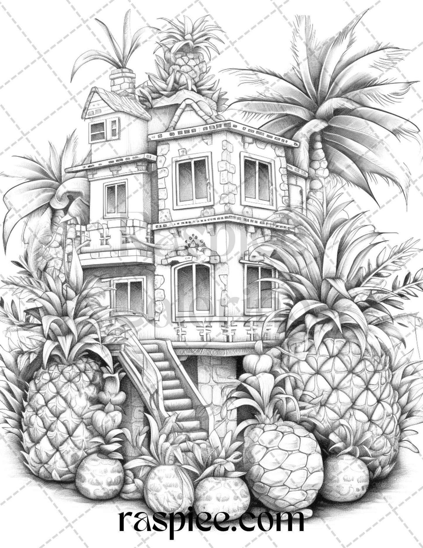 50 Pineapple Houses Grayscale Coloring Pages Printable for Adults, PDF File Instant Download