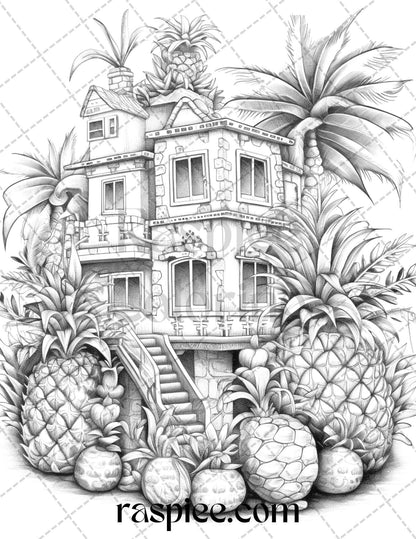 50 Pineapple Houses Grayscale Coloring Pages Printable for Adults, PDF File Instant Download