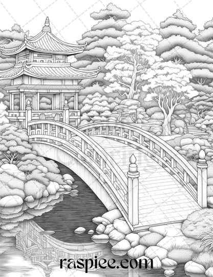 Japanese Garden Grayscale Coloring Pages Printable for Adults, PDF File Instant Download